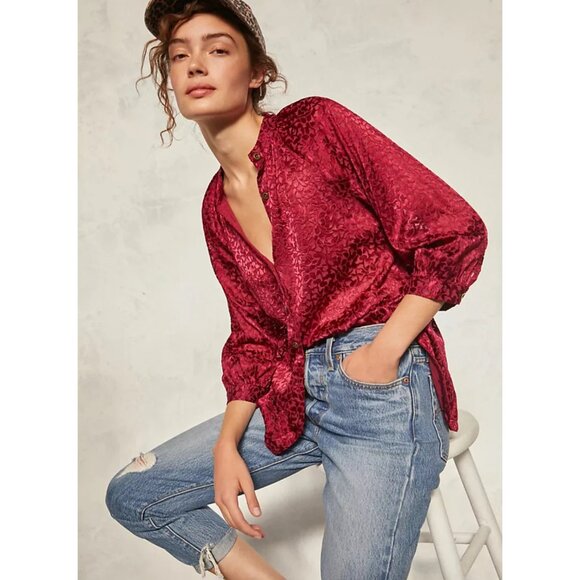 Anthropologie Burgundy Button Down Blouse Womens Size XS Sheer Boho Holiday - Picture 14 of 15
